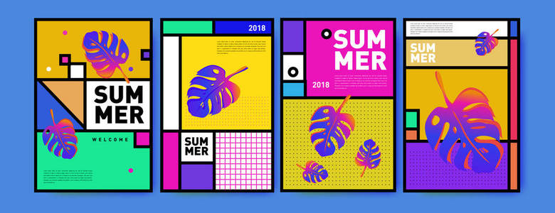 夏季彩色海报设计模板。集夏季销售背景和插图。夏季活动海报和横幅的简约设计风格