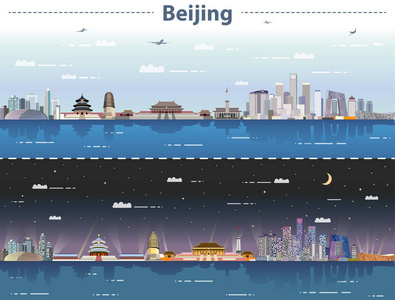 北京天际线日夜的矢量抽象插图