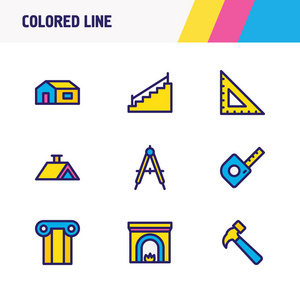 插图9建筑图标有色线。可编辑的壁炉家庭楼梯和其他图标元素集