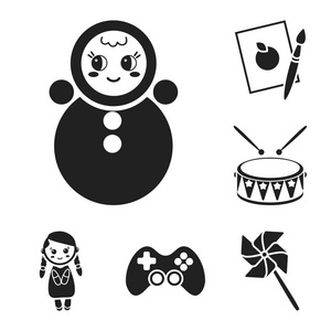 儿童玩具黑色图标在集集合为设计。游戏和摆设矢量符号股票 web 插图