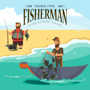 卡通渔夫站在帽子和拉净海面,快乐 fishman 认为鱼获量和自旋 vecor