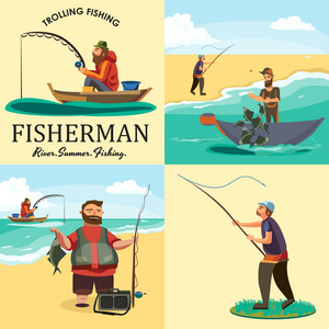 集卡通渔夫捕鱼坐小船费希尔把鱼竿扔进水 快乐渔夫握着抓住，自旋，男子掏净出了水面，钓鱼冰图标矢量图