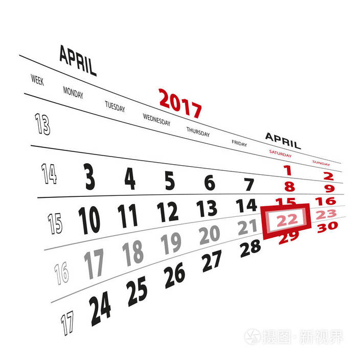 4 月 22 日在日历 2017年上突出显示。每周从星期一开始