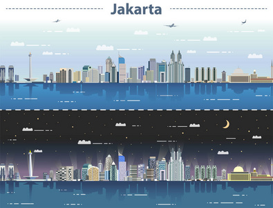 雅加达天际线在日夜的矢量图解