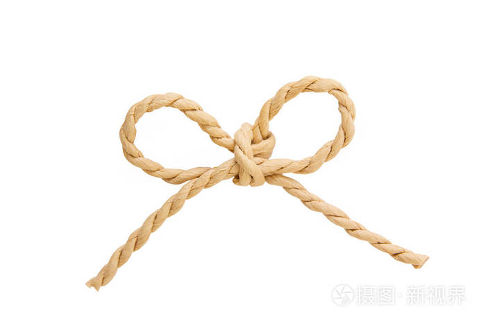 由亚麻绳字符串在白色的背景分离的蝴蝶结结
