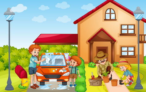 孩子和成人洗车和植树照片