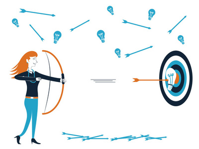 直接命中用弓和箭命中目标与白色背景上分离出的好主意矢量图的女商人