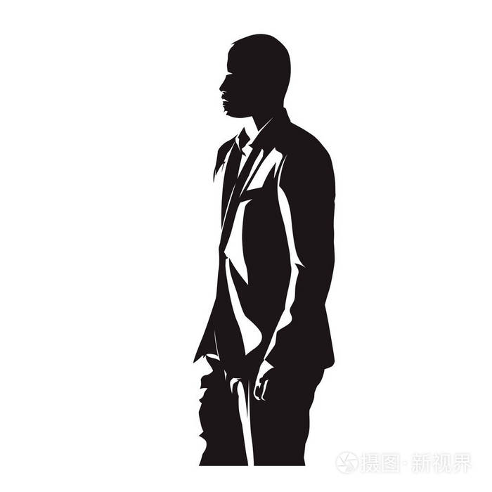 商务男士套装, 侧面观, 抽象漫画画, 独立矢量剪影.人