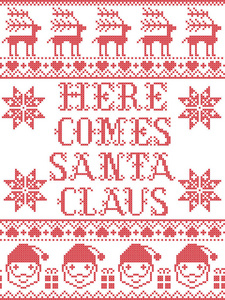 圣诞图案这里来圣诞老人矢量无缝模式的灵感来自北欧文化节日冬季十字绣与心脏, 雪花, 星星, 雪, 圣诞树, 圣诞老人, 驯鹿