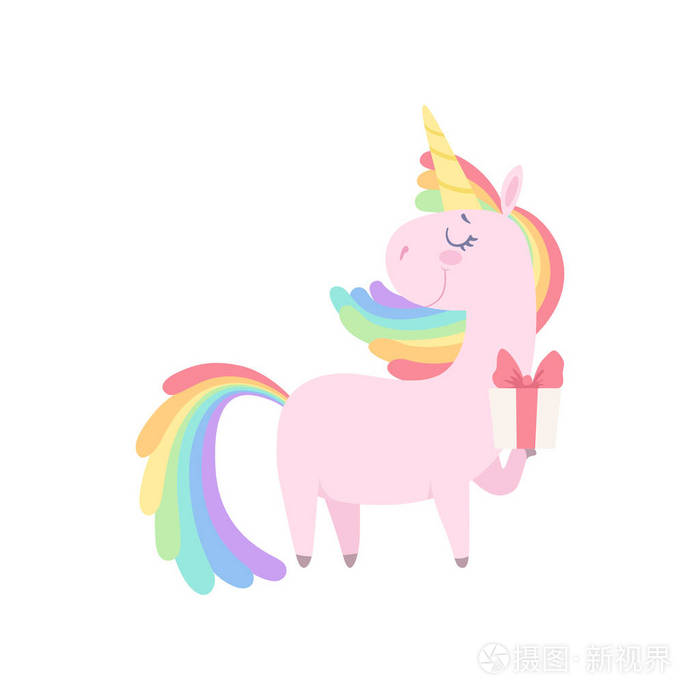 可爱的独角兽藏品礼品盒, 可爱的幻想动物字符与彩虹头发矢量插图白色