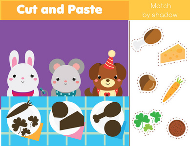 找到正确的影子.儿童活动与食物.把饭菜放进盘子里喂动物照片