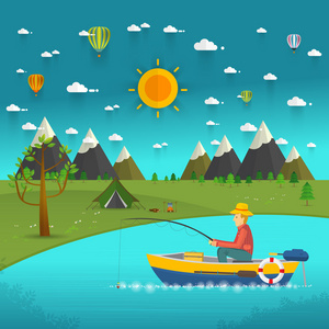 坐在船和捕鱼的渔夫照片