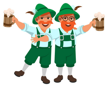 两个开朗的德国男人喝啤酒的木杯.孤立的白色矢量卡通插图照片