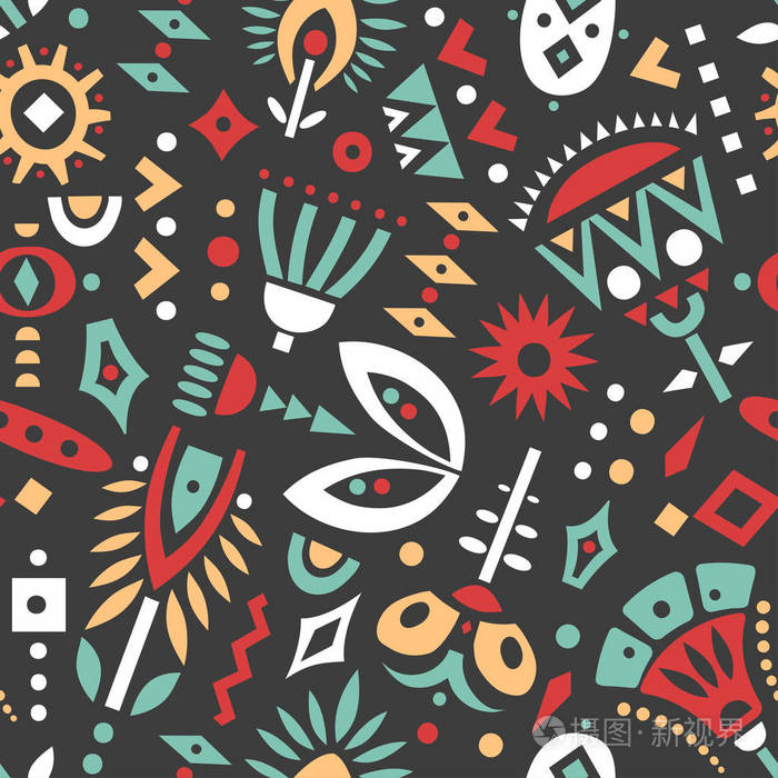 彩色切花的矢量无缝图案与黑色背景上的几何形状插画-正版商用图片0rh