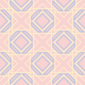 几何无缝图案。淡粉色背景以蓝色和米色元素为墙纸纺织品和织品