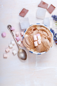 自制香草和巧克力冰淇淋与棉花糖
