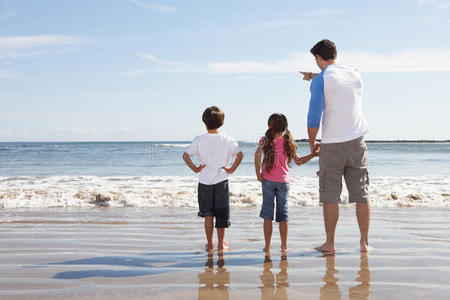 父亲和孩子们在海滩上眺望大海
