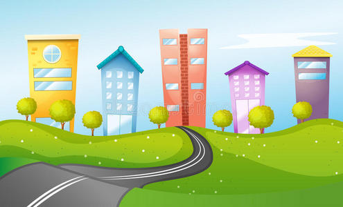 城市中的高楼着火的汽车红辣椒着火城市市中心的景观与高楼大厦高楼