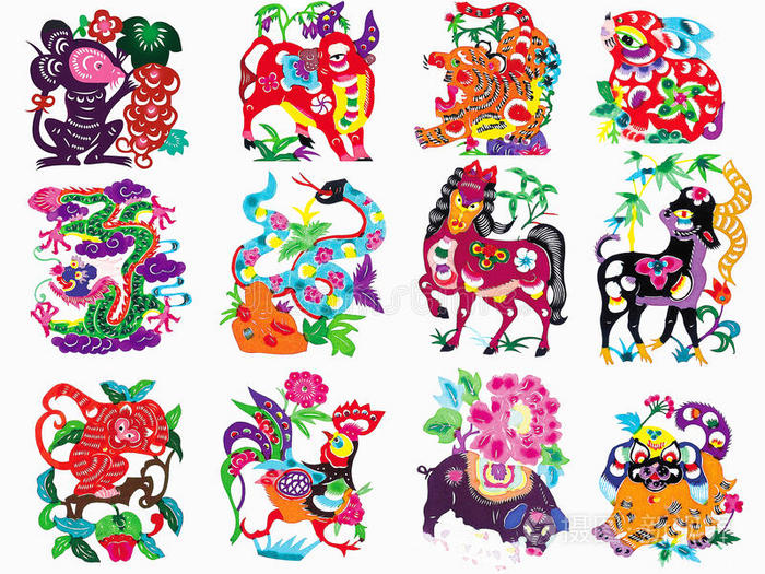中国传统彩色剪纸十二生肖