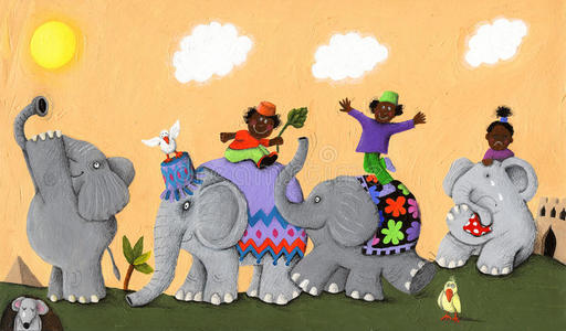 快乐和悲伤的非洲象和孩子