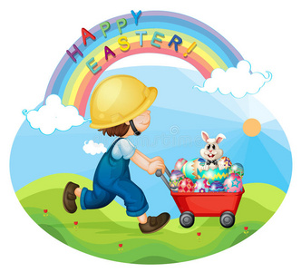 一个戴着头盔的男孩推着鸡蛋和兔子