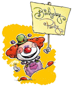 小丑举着生日聚会的标语牌