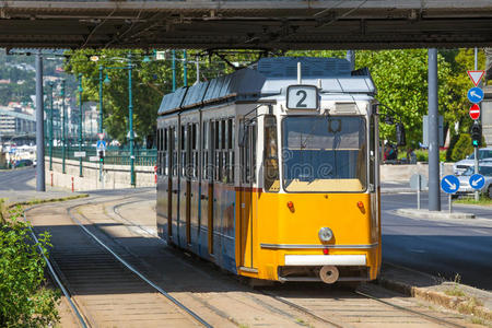 布达佩斯伊丽莎白桥下的黄色电车