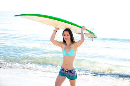 微笑 海岸 热的 冲浪 闲暇 海滩 比基尼 运动 女孩 黑发