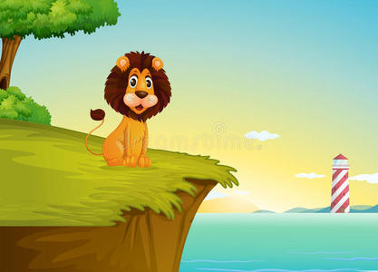坐在悬崖边俯瞰塔的狮子