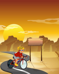 沙漠里一个挂着空招牌的摩托车手
