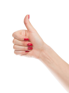 手拇指向上，用手工制作的红指甲