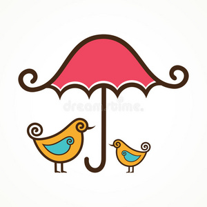 粉红伞下的几只可爱的小鸟