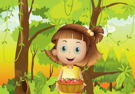 森林里一个拿着一篮草莓的小女孩