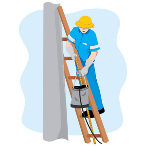 在工作中，站在梯子上吊装工具的雇员的安全。培训和教育材料的理想选择