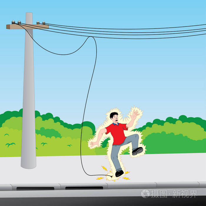插图描绘接收放电在裸露的电线上一名年轻男子.