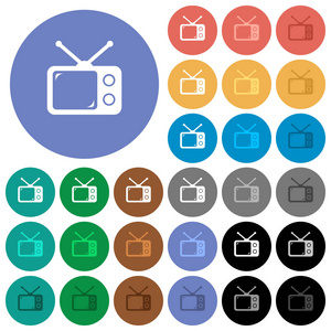 复古复古电视多色平面图标在圆形的背景。包括白色浅色和深色图标变体, 用于悬停和活动状态效果, 以及黑色 backgounds 