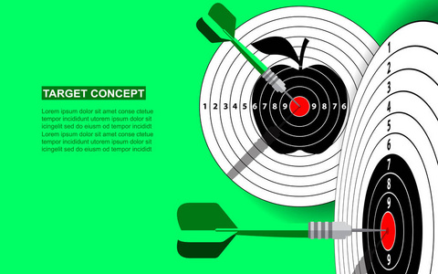 目标飞镖模板的业务目标。射击目标市场成功解决方案的概念。绿色背景下的矢量平面样式说明