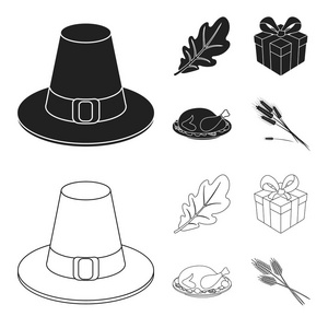 一个朝圣者的帽子, 橡树叶, 礼物在一个盒子里, 炸火鸡。加拿大感恩节集图标为黑色, 轮廓样式矢量符号股票插画网站