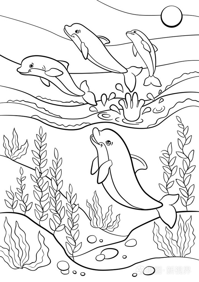 着色页海洋野生动物可爱的海豚跳跃从th