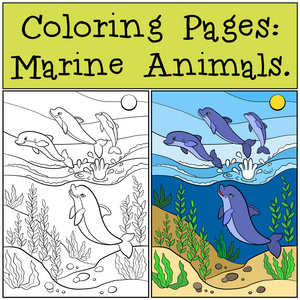 着色页  海洋动物。可爱的海豚群吓了一跳