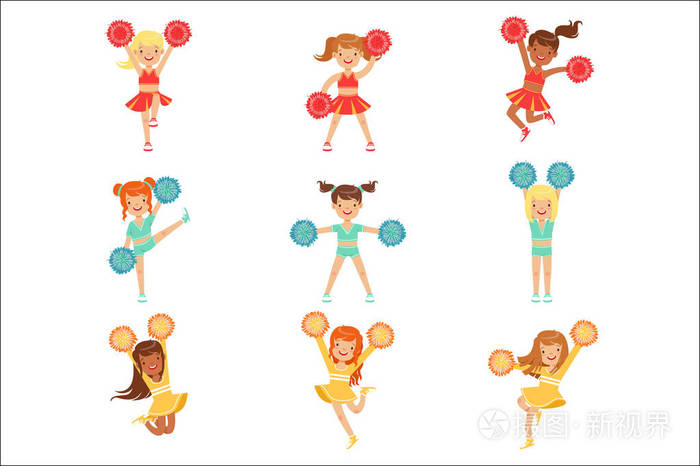 插画 小学小女孩在啦啦队制服欢呼和啦啦队与快乐的孩子彩色绒球套