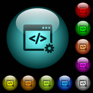 网页开发图标在彩色照明球形玻璃按钮黑色背景。可用于黑色或深色模板