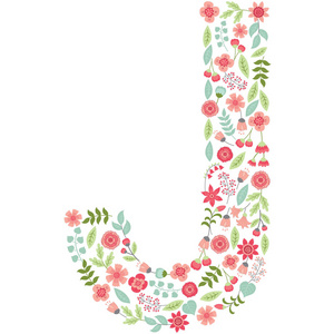 矢量花信 J.矢量花卉 abc。英语的花卉字母表。字体矢量图