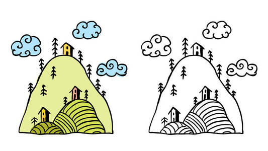 山上有树的房子插图, 手绘风格照片