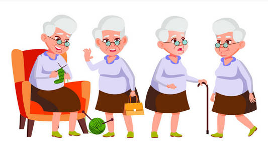 老妇人姿势设定向量。老人。资深人士。老年。有趣的养老金领取者休闲。明信片, 公告, 封面设计。独立卡通插图