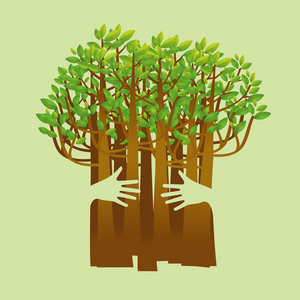 生态友好的手拥抱绿色概念树。无害环境的朋友