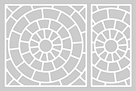 用于切割激光或绘图仪的装饰卡集。线性圆形图案面板。激光切割。比率 1211. 矢量插图