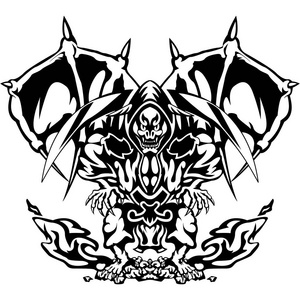 矢量图的恶魔,恶魔,用一把镰刀,孤立的白色背景上的死亡照片