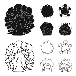 火焰, 火花, 氢气碎片, 原子或气体爆炸。爆炸集集合图标黑色, 轮廓样式矢量符号股票插画网站