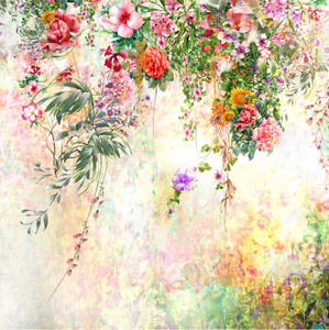 抽象的七彩花朵水彩画。多彩多姿的插图在春天